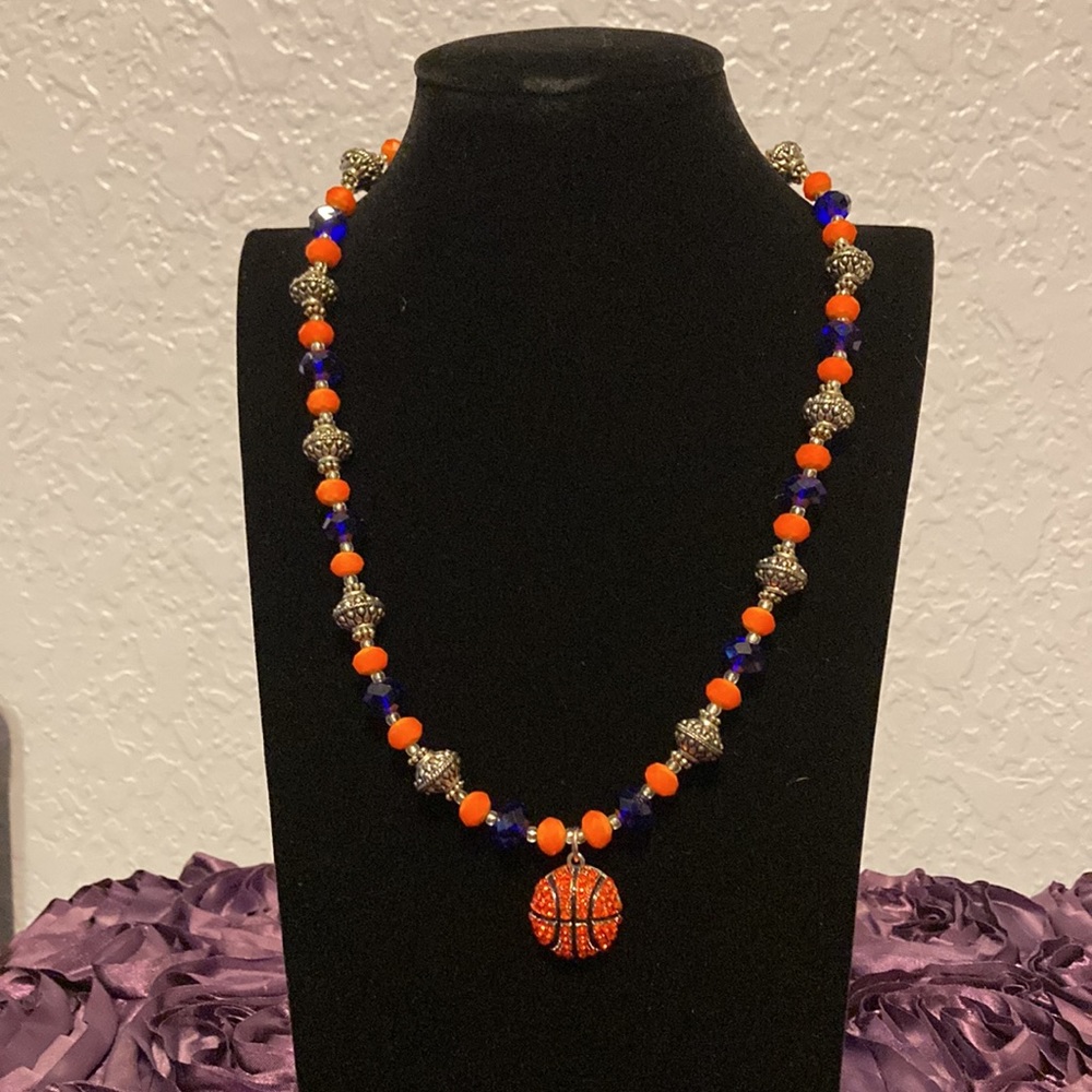 Basketball Pendant Necklace Silver
Tone Orange Rhinestone Sport. 20”L